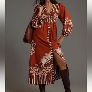 New FARM Rio x Anthropologie Long Sleeve V Neck Maxi Dress